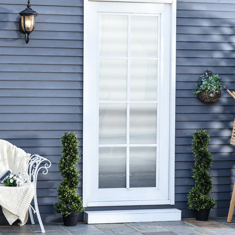 White-framed glass door with frosted horizontal slats next to Outsunny green artificial spiral topiary trees in pots for decor