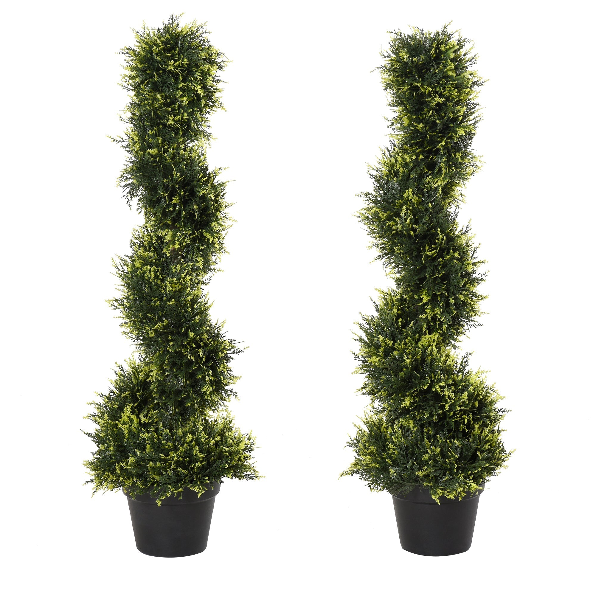 Two tall green spiral topiary trees in black pots perfect for indoor outdoor home office garden decor