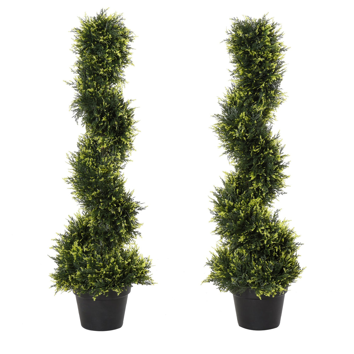 Two tall green spiral topiary trees in black pots perfect for indoor outdoor home office garden decor