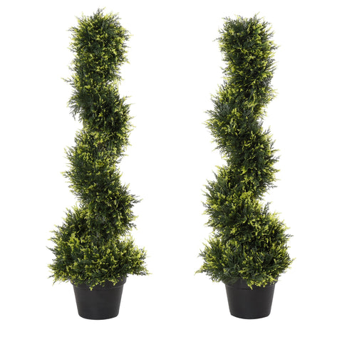 Two tall green spiral topiary trees in black pots perfect for indoor outdoor home office garden decor