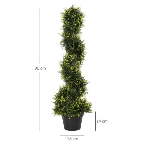 Outsunny set of 2 90cm artificial green spiral topiary trees with dense foliage in sleek black pots for home and office decor