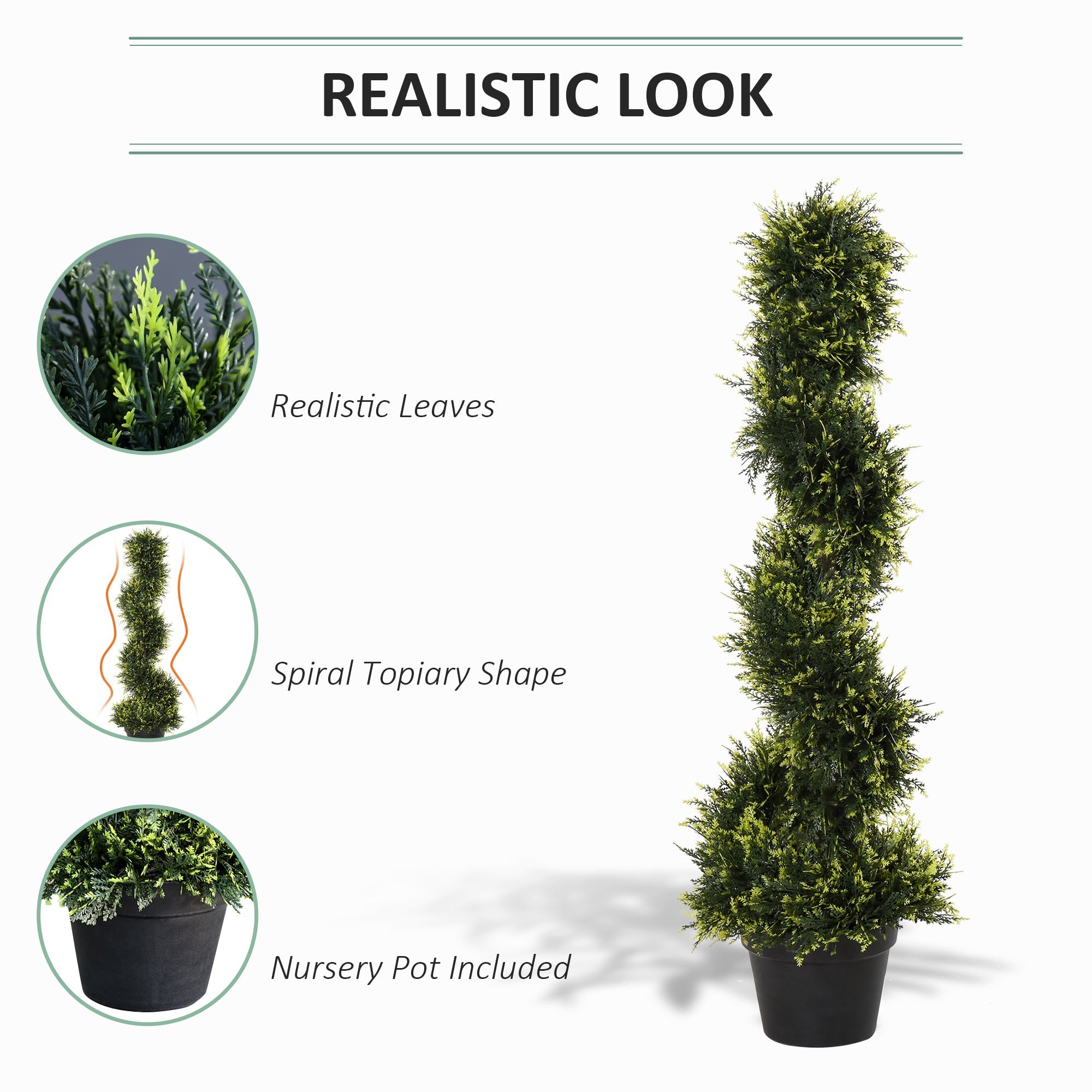 Outsunny set of 2 green artificial spiral topiary trees with realistic foliage in black nursery pots for indoor outdoor use