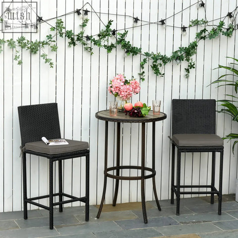 Black wicker bar table with round top and metal legs paired with dark grey polyester fabric covers featuring two tie fastenings for outdoor furniture