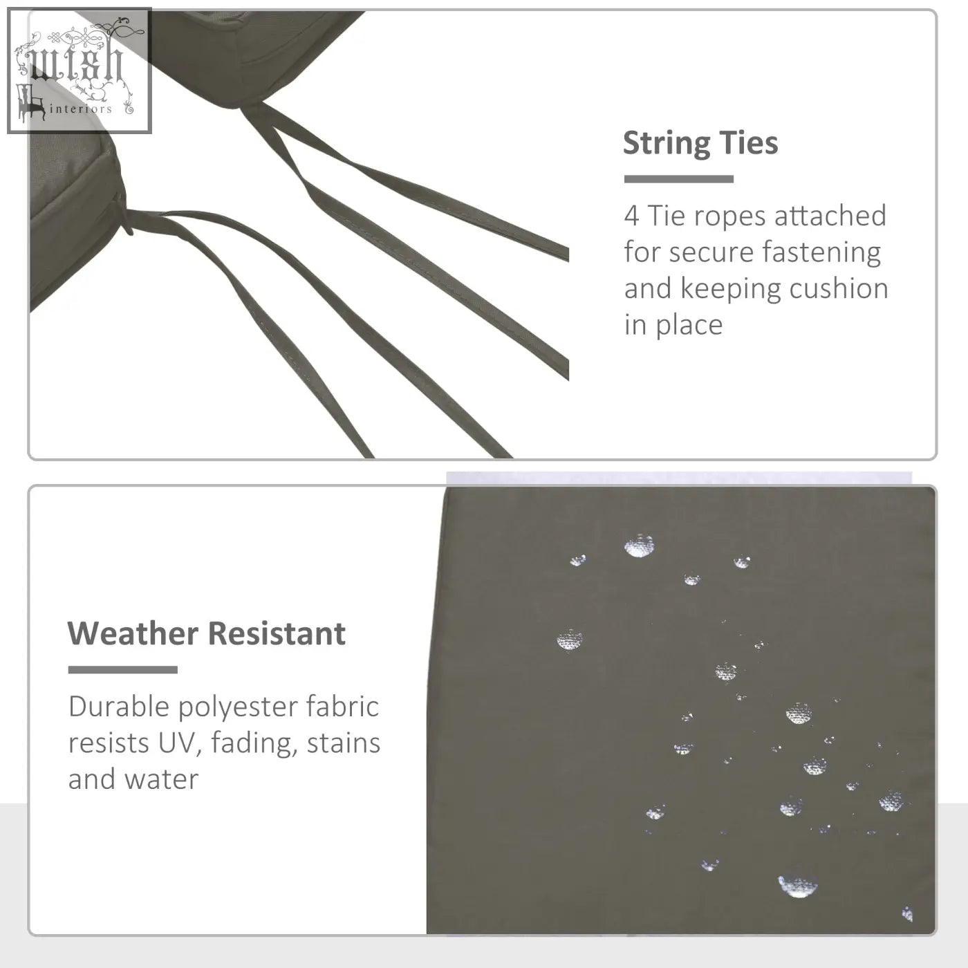 Dark grey outdoors polyester fabric covers cushion with two tie fastenings for secure outdoor furniture use