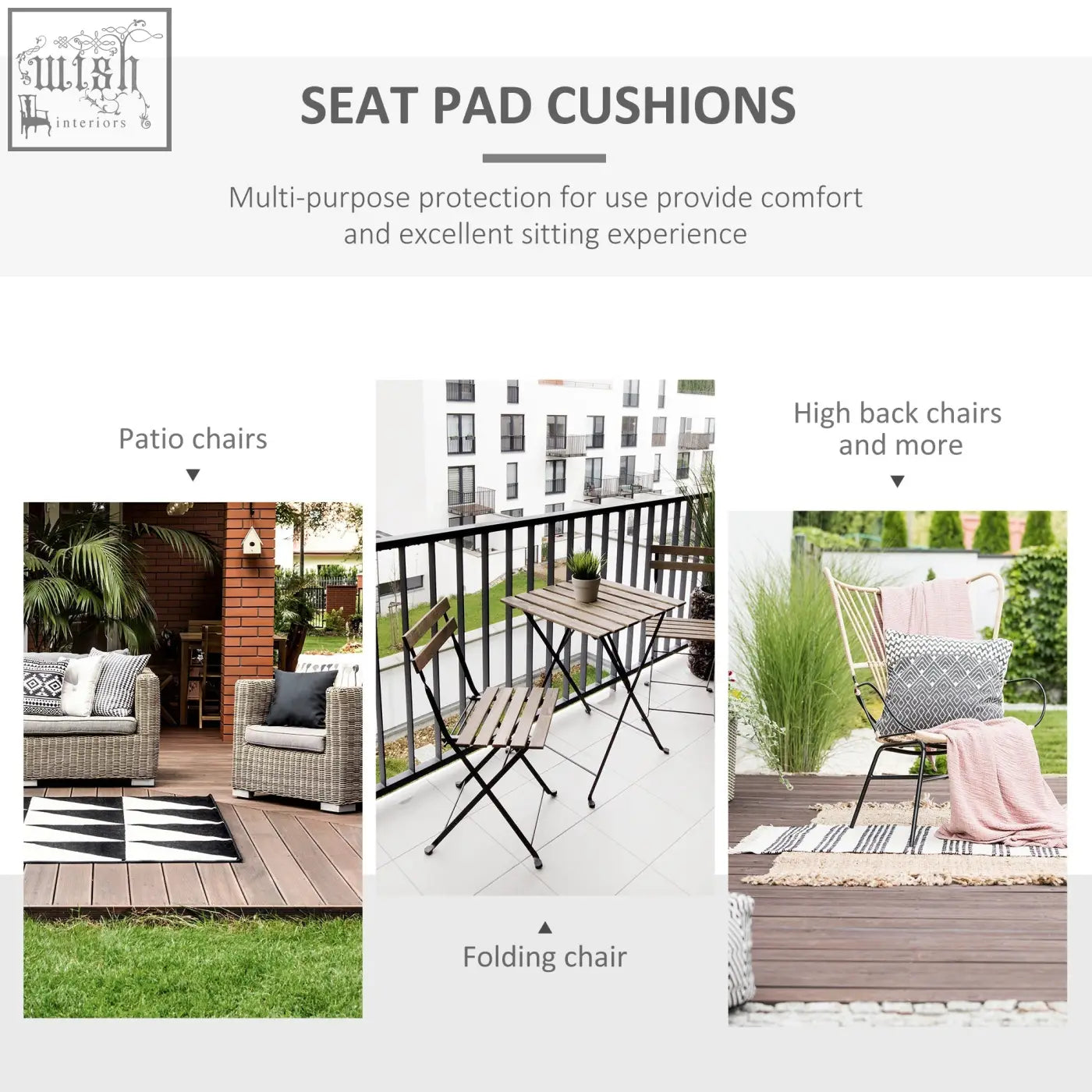 Gray patterned seat pad cushions with polyester fabric covers and two tie fastenings for outdoor furniture