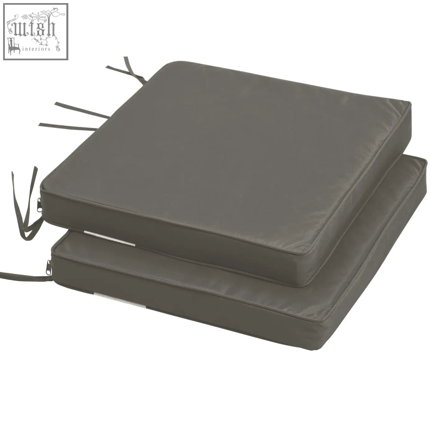 Dark gray outdoor cushion with polyester fabric covers and two tie fastenings for garden furniture use