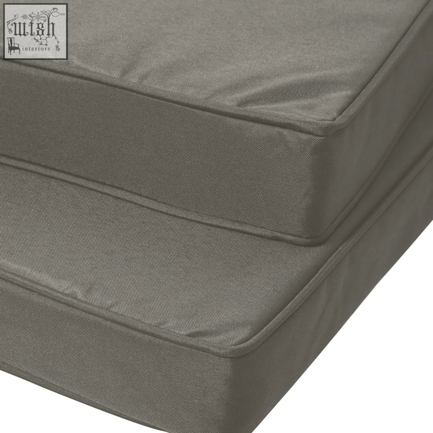 Gray fabric outdoor cushion with polyester fabric covers and two tie fastenings for outdoor furniture use