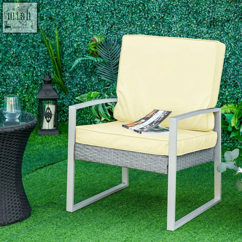 Cream cushioned outdoor armchair with gray wicker frame and polyester fabric covers from outsunny garden cushion set