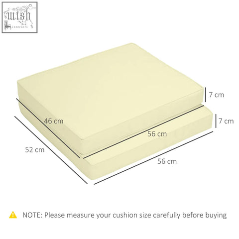 Cream-colored rectangular outdoor seat cushion with soft polyester fabric covers and padded interior for garden furniture