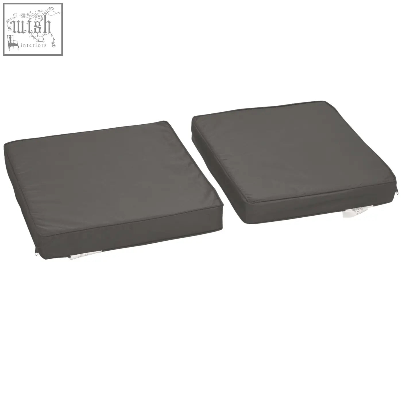 Two dark grey outsunny seat cushions with polyester fabric covers and stitched edges for outdoor furniture