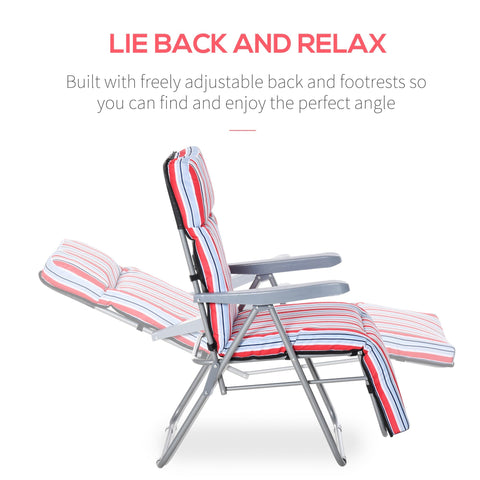 Outsunny set of 2 garden sun loungers with red white blue striped fabric and grey powder coated tubular steel frame