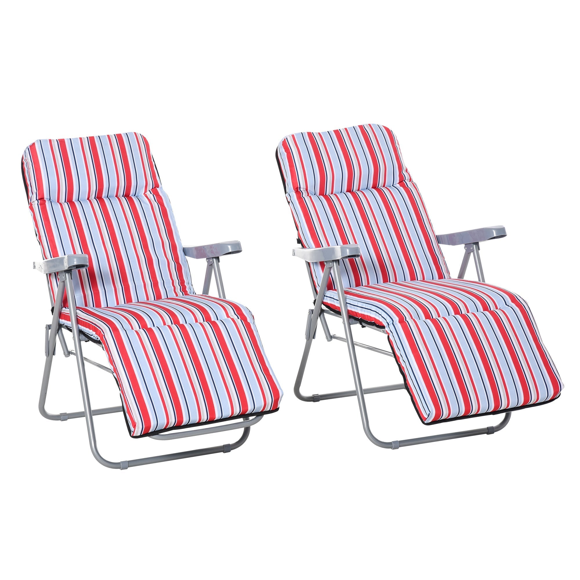 Outsunny set of 2 garden sun lounger with red white and blue cushions on a grey powder coated tubular steel frame recliner