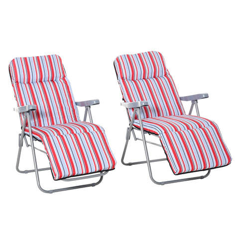 Outsunny set of 2 garden sun lounger with red white and blue cushions on a grey powder coated tubular steel frame recliner
