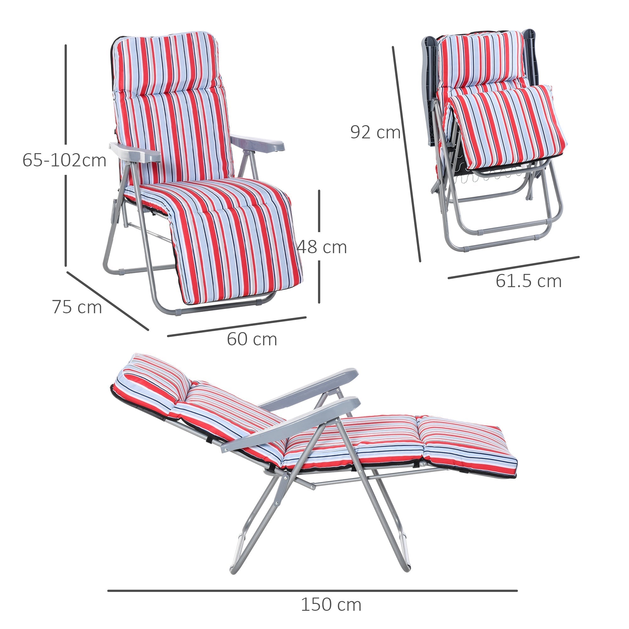 Outsunny set of 2 red white and blue striped cushioned folding chairs with powder coated tubular steel frame for outdoors