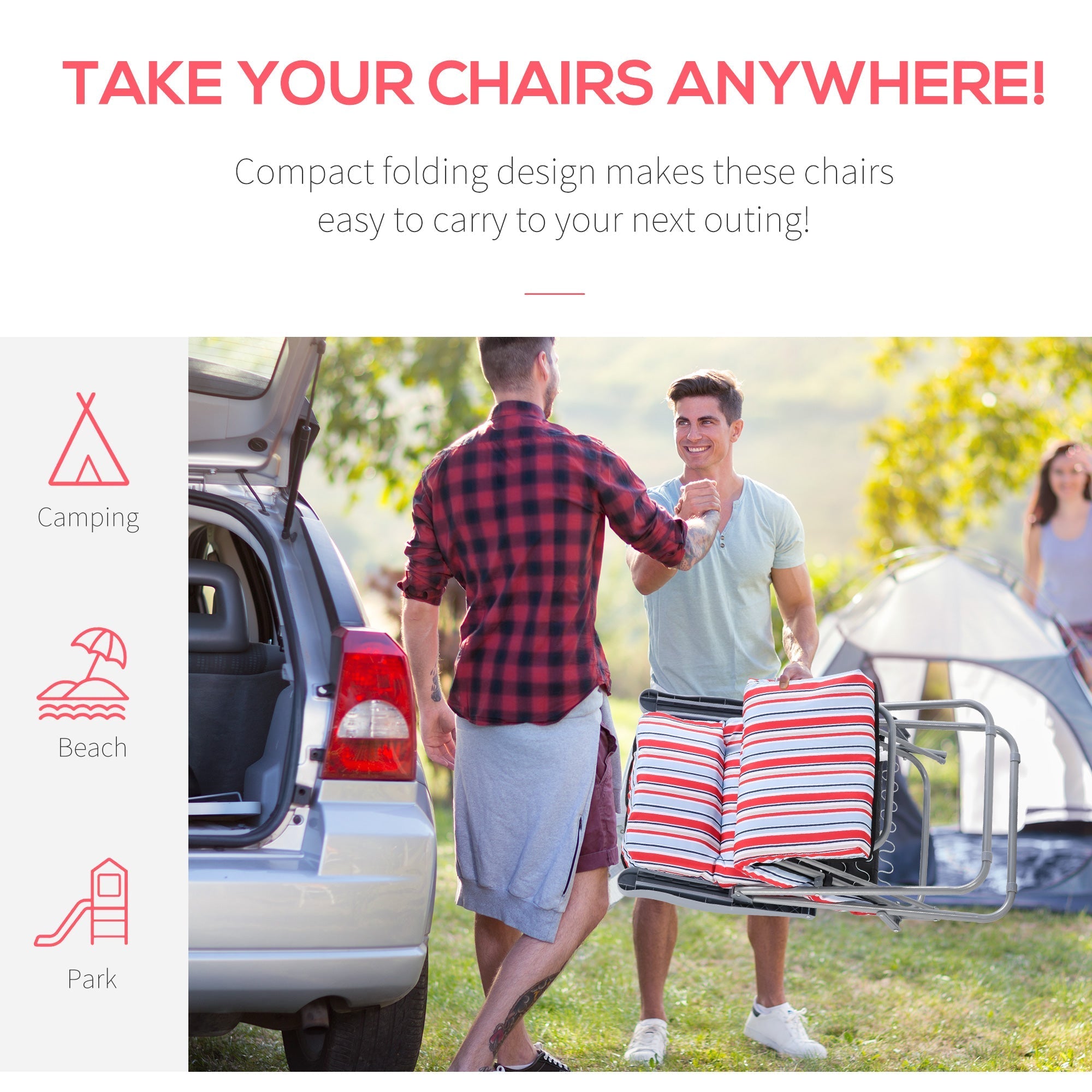 Outsunny set of 2 red and white striped cushioned folding chairs with powder coated tubular steel frame for outdoor use