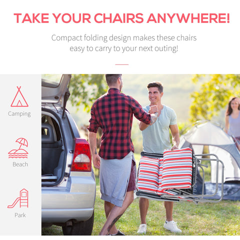 Outsunny set of 2 red and white striped cushioned folding chairs with powder coated tubular steel frame for outdoor use