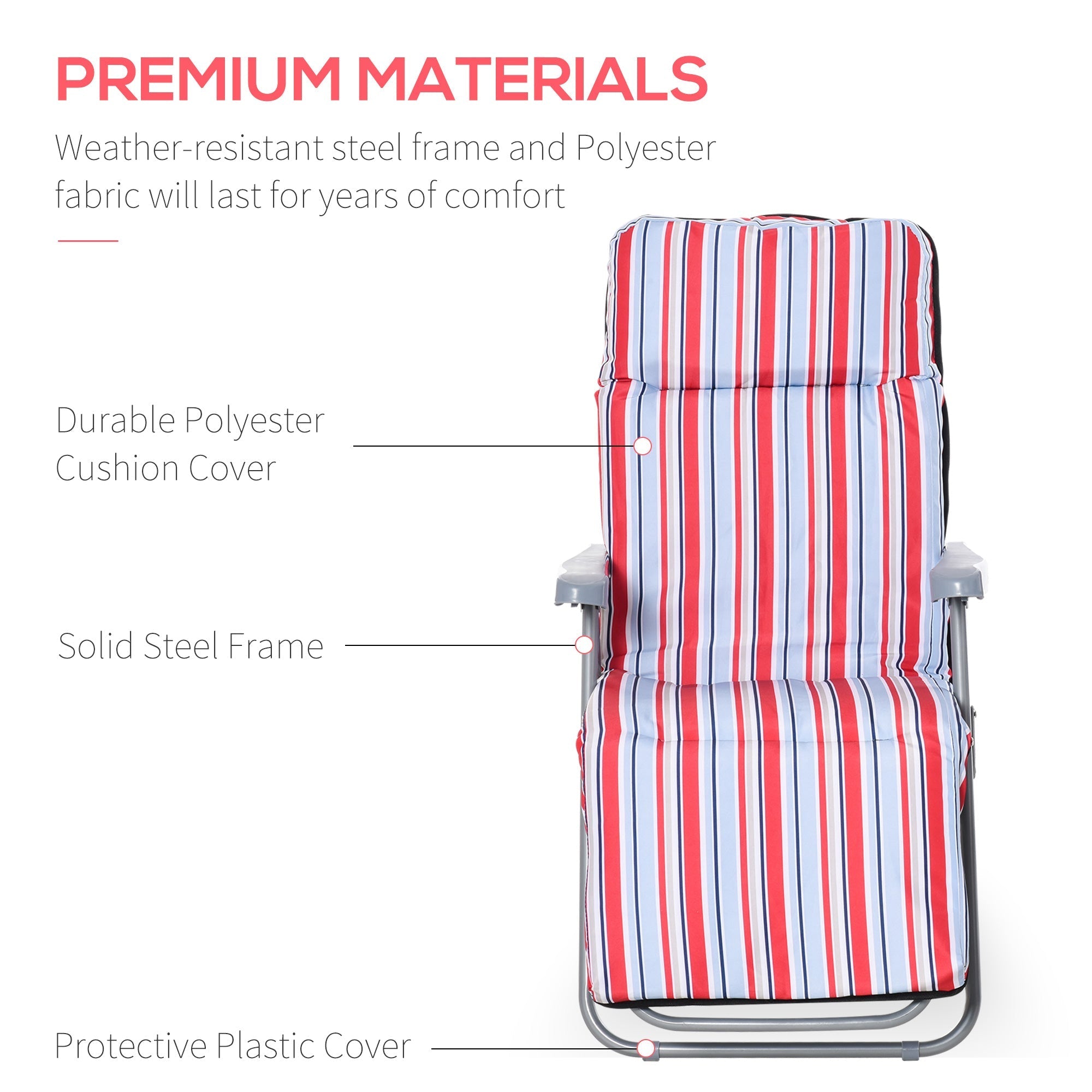 Outsunny set of 2 cushioned red white and navy blue striped polyester folding chairs with powder coated tubular steel frame