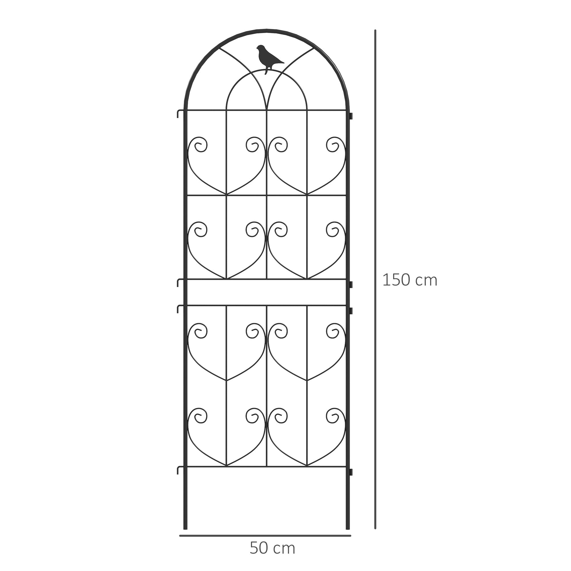 Black wrought iron two trellises with ornate heart scrollwork and bird silhouette offer lots for climbing plants
