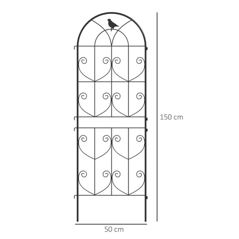 Black wrought iron two trellises with ornate heart scrollwork and bird silhouette offer lots for climbing plants