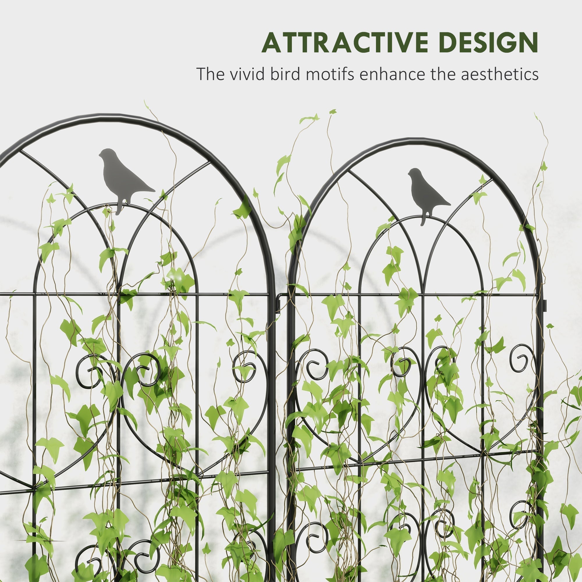 Outsunny set of two black wrought iron trellises with ornate scrollwork and bird motifs offer lots for climbing plants