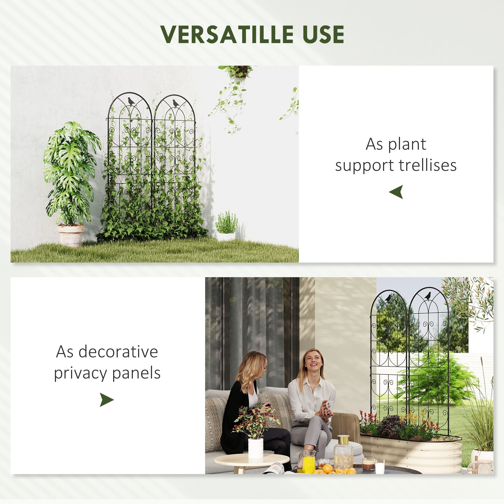 Black wrought iron two trellises with ornate arched design and bird motifs offer lots of support for climbing plants