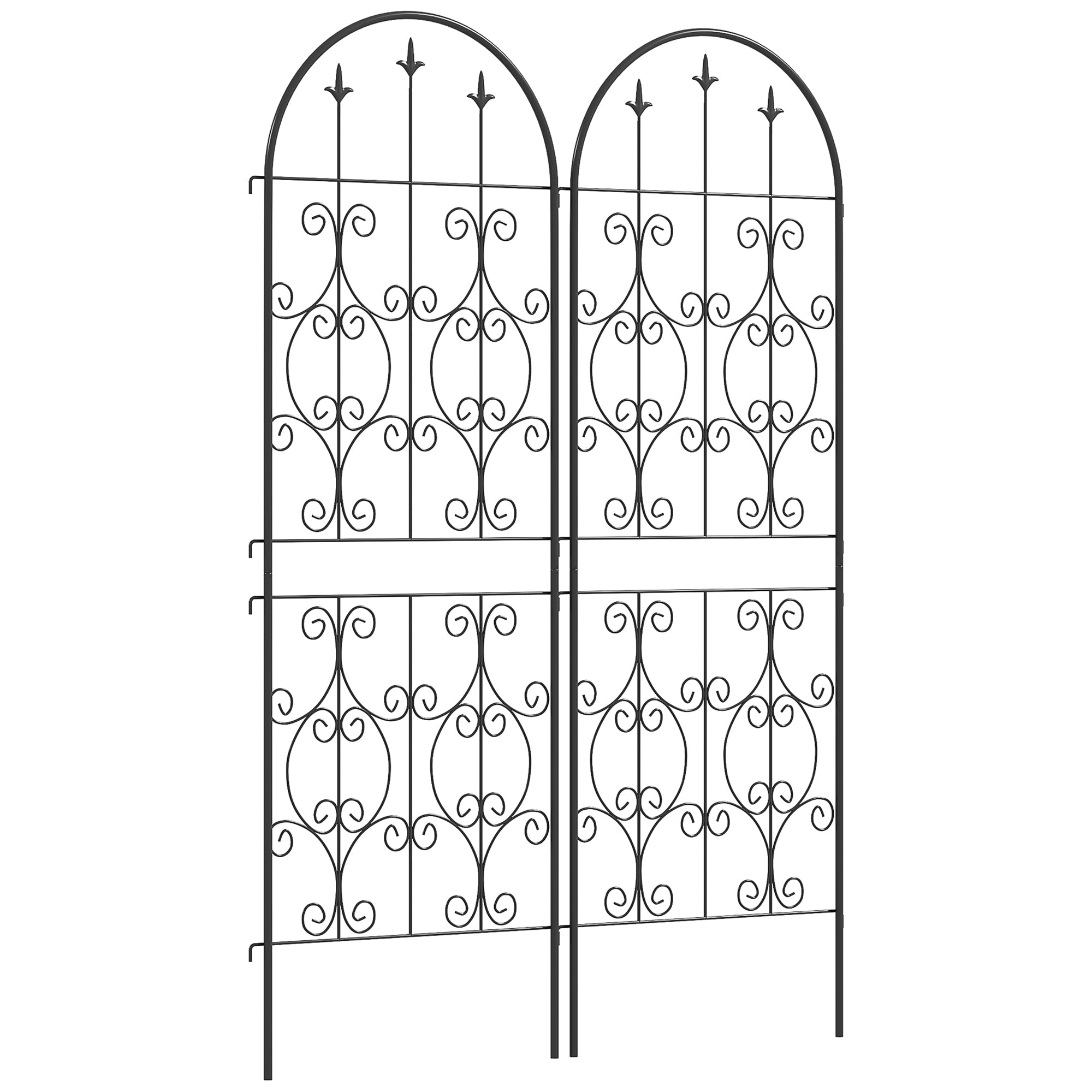Black wrought iron garden gate with ornate scrollwork arched top pairs with two trellises that offer lots for climbing plants
