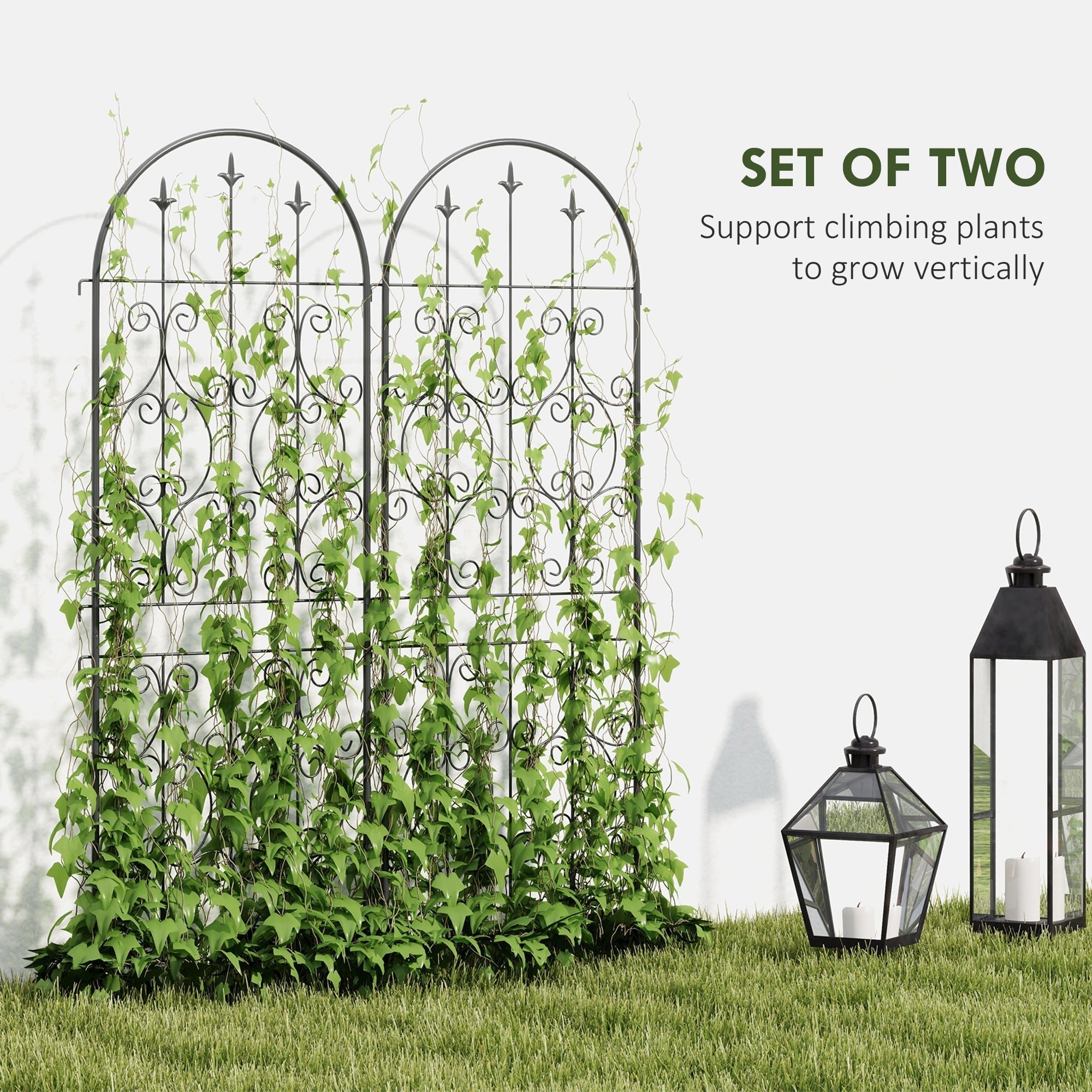 Black wrought iron two trellises with ornate scrollwork offer lots of support for climbing plants outdoors