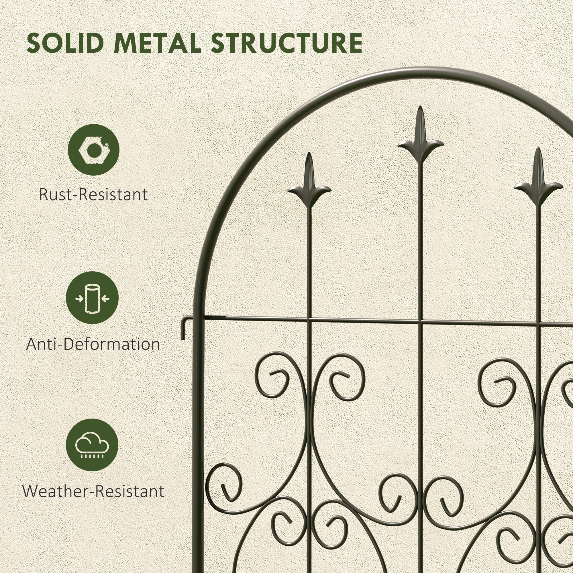 Black wrought iron garden gate with ornate scrollwork and pointed finials offers lots of support for climbing plants