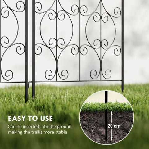 Black wrought iron two trellises with ornate scrollwork design offer lots of support for climbing plants outdoors