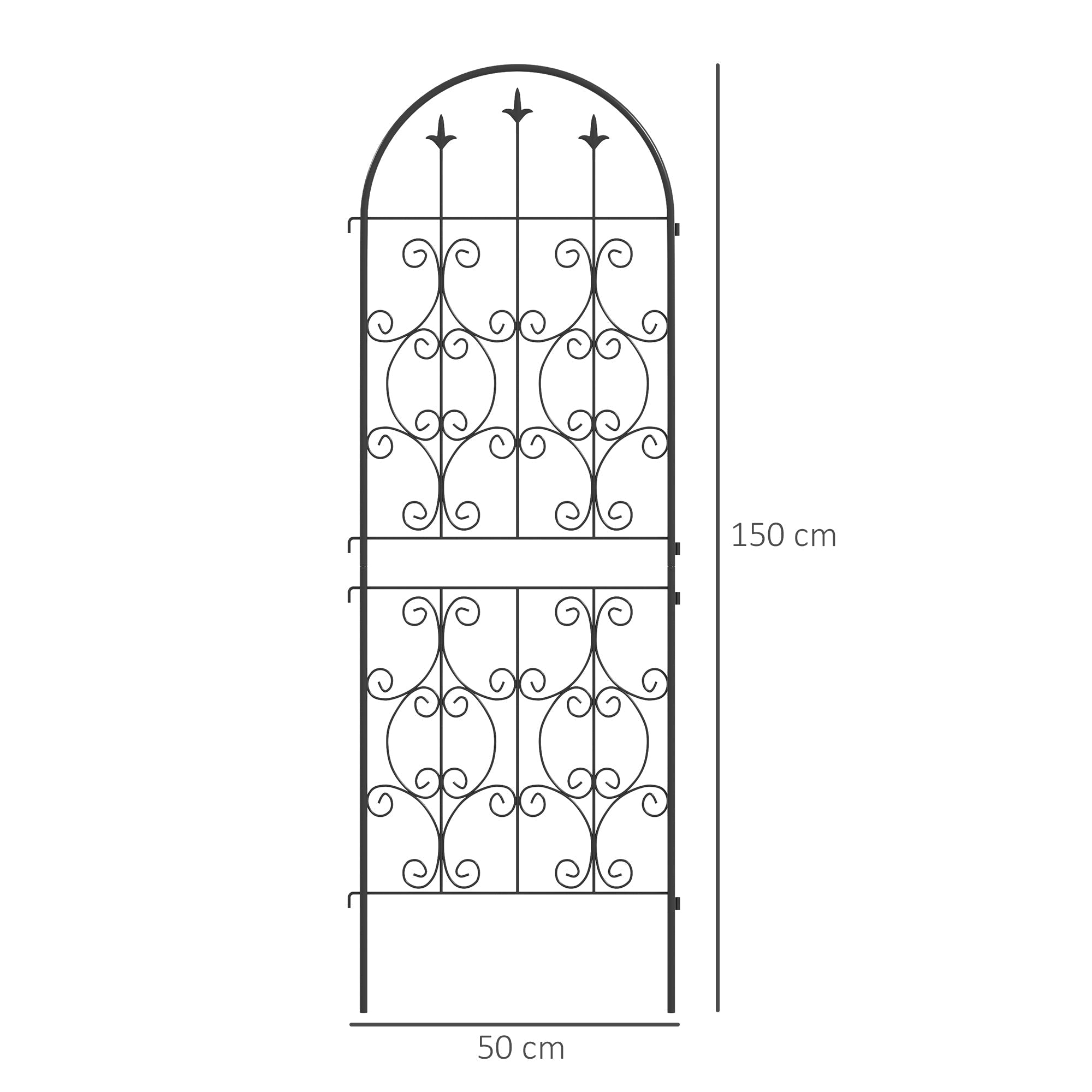 Black wrought iron two trellises with ornate scrollwork and pointed finials offer lots of support for climbing plants