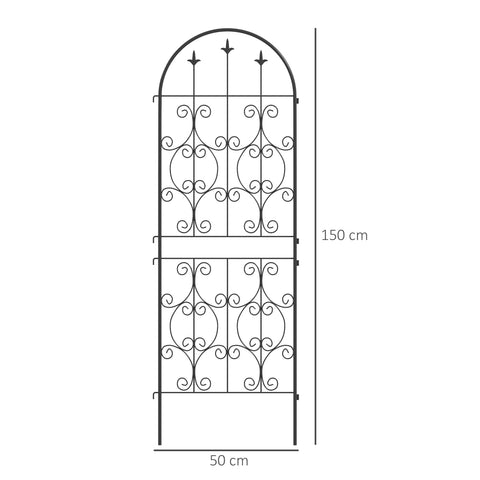 Black wrought iron two trellises with ornate scrollwork and pointed finials offer lots of support for climbing plants
