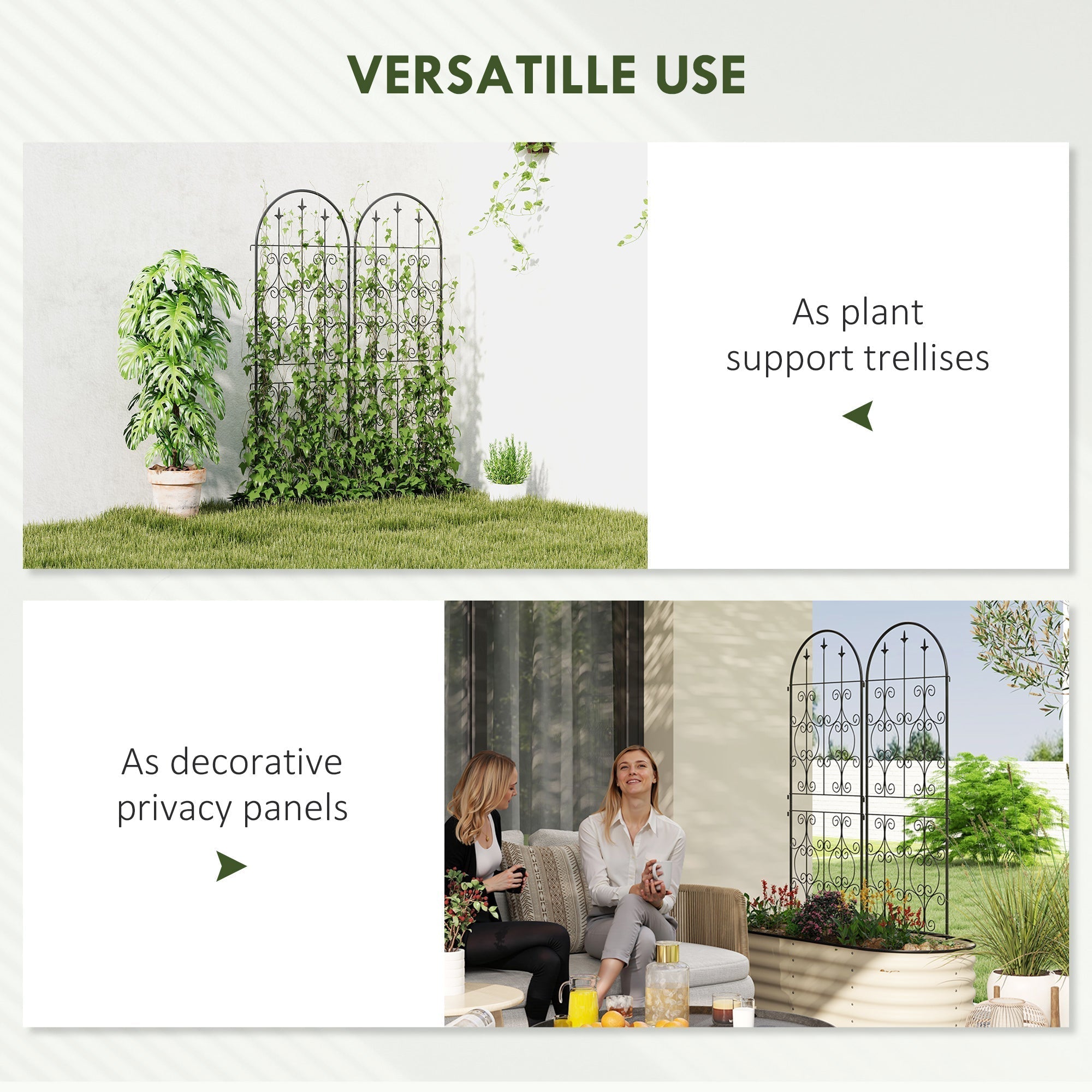 Black wrought iron two trellises with ornate scrollwork design offer lots of support for climbing plants outdoors