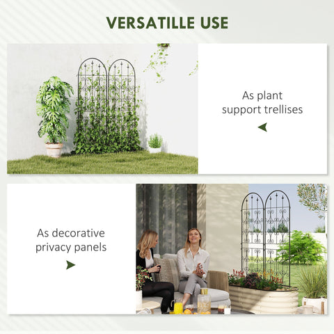 Black wrought iron two trellises with ornate scrollwork design offer lots of support for climbing plants outdoors