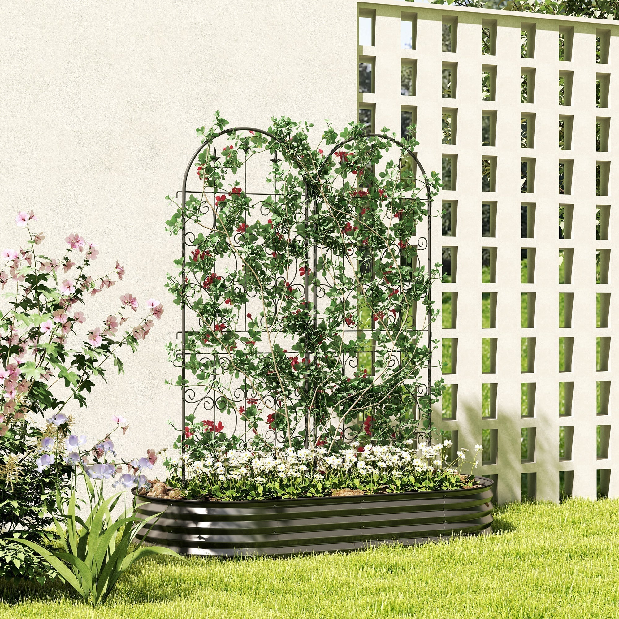 Black wrought iron scrollwork arched trellis set of two trellises offers lots of support for climbing plants in metal planter