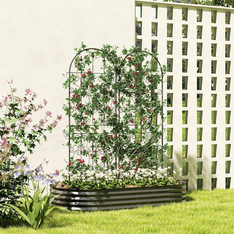 Black wrought iron scrollwork arched trellis set of two trellises offers lots of support for climbing plants in metal planter