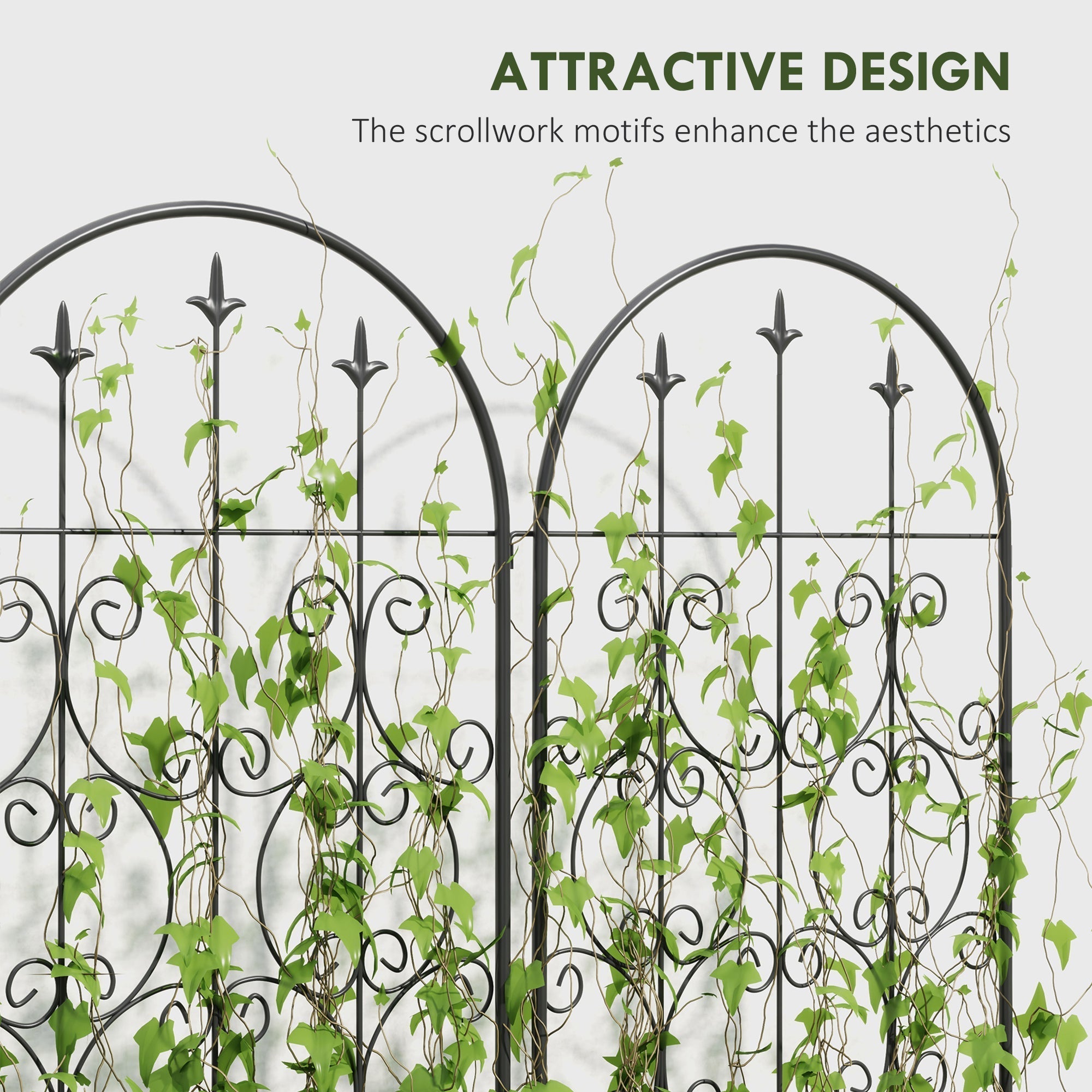 Black wrought iron Outsunny set of 2 trellises with ornate scrollwork offer lots of support for climbing plants