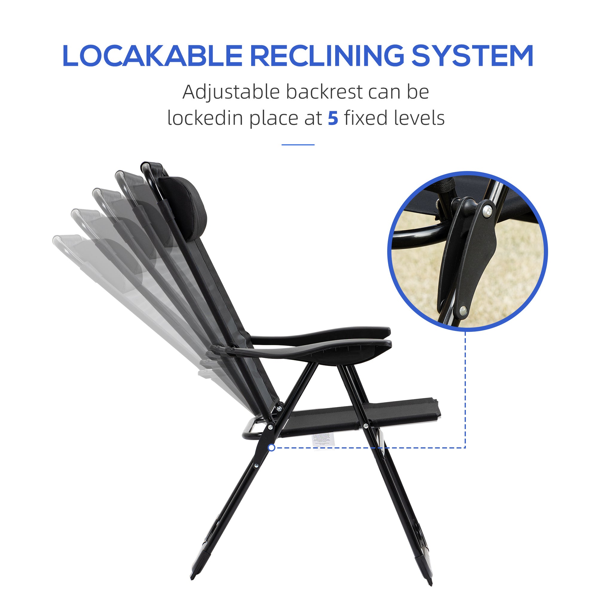 Outsunny set of 2 black metal folding patio recliners with foldable design and lockable reclining system with padded headrest