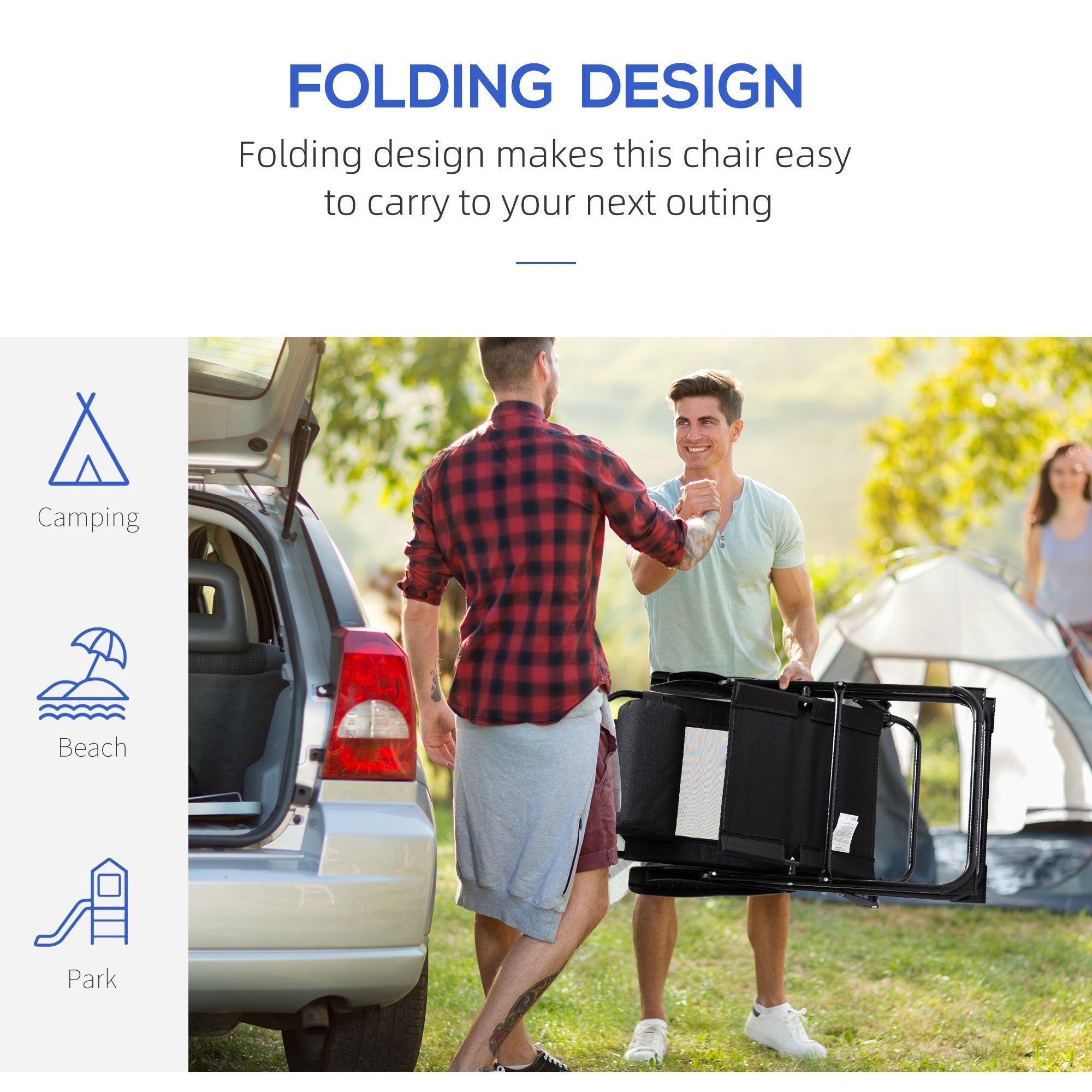Outsunny set of 2 black foldable design metal frame camping chairs with fabric seat and padded headrest for outdoors