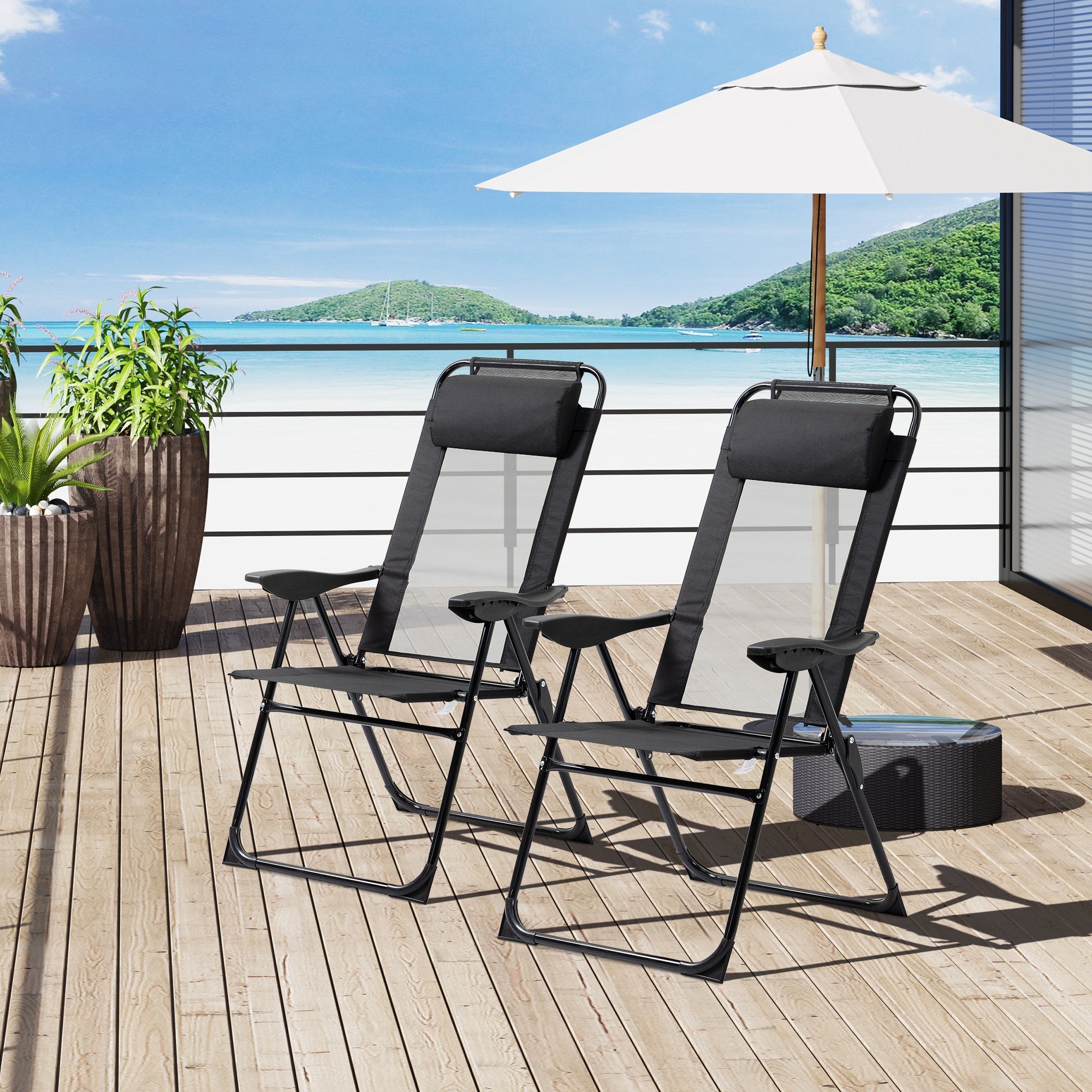 Outsunny set of 2 black metal folding lounge chairs with mesh backs, foldable design, and padded headrest for outdoor use