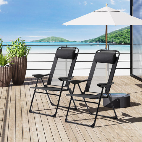 Outsunny set of 2 black metal folding lounge chairs with mesh backs, foldable design, and padded headrest for outdoor use