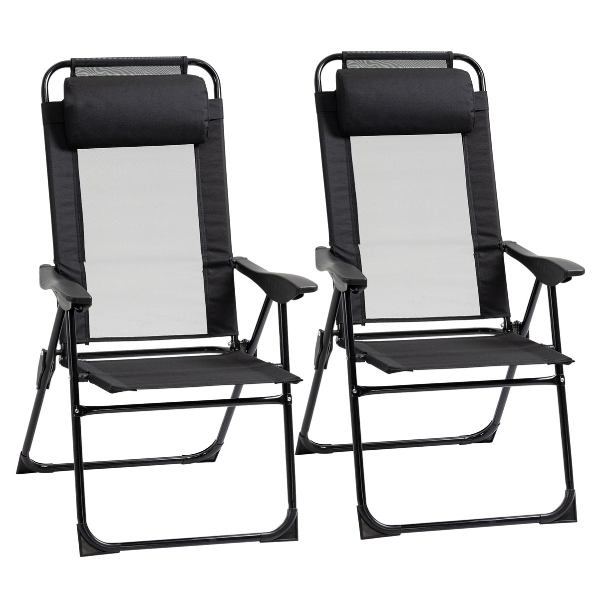 Outsunny black foldable metal recliner chairs with mesh back panels and padded headrest for outdoor patio use