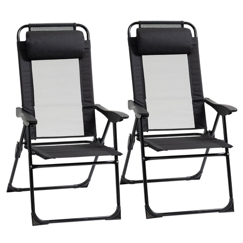 Outsunny black foldable metal recliner chairs with mesh back panels and padded headrest for outdoor patio use