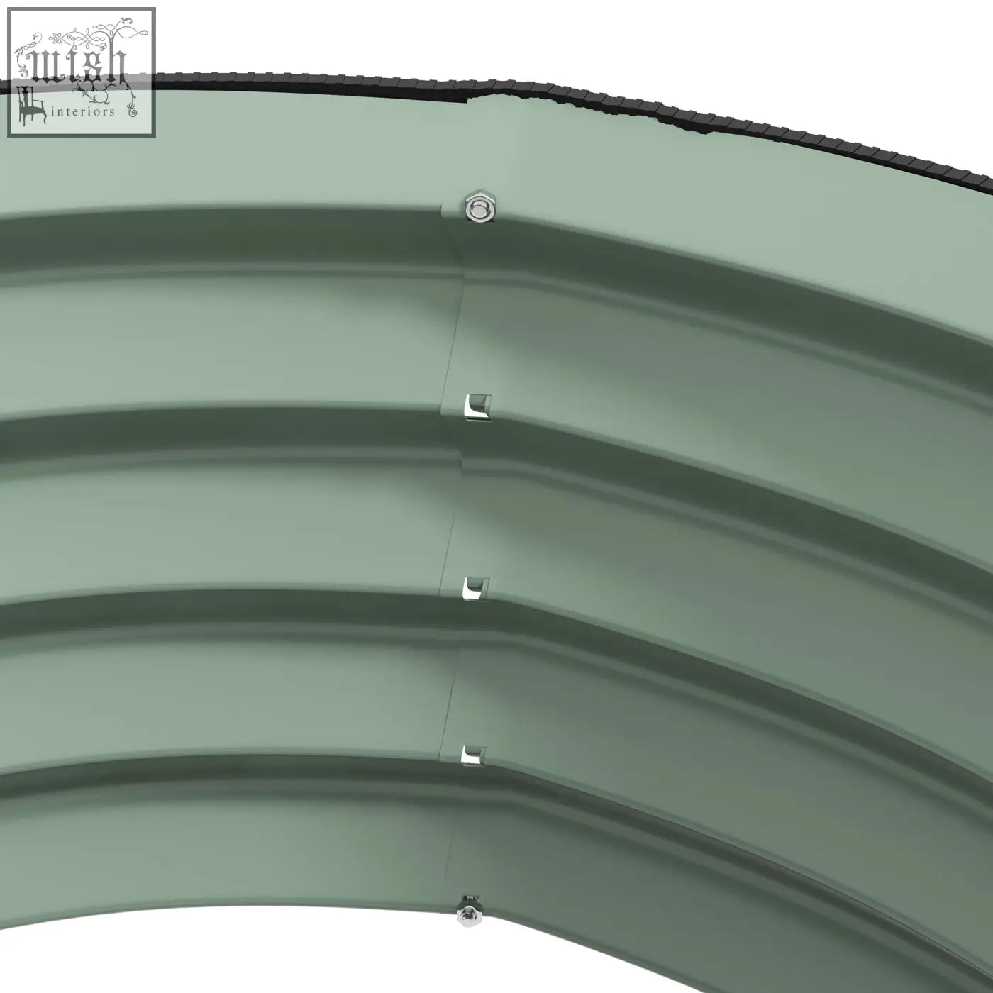 Curved green galvanised steel garden planter with black rubber edge and silver fasteners for carrying safely