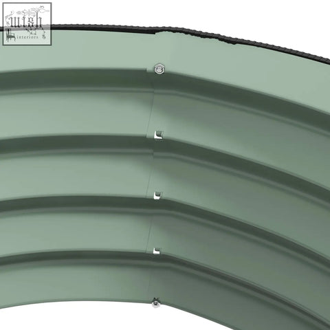 Curved green galvanised steel garden planter with black rubber edge and silver fasteners for carrying safely