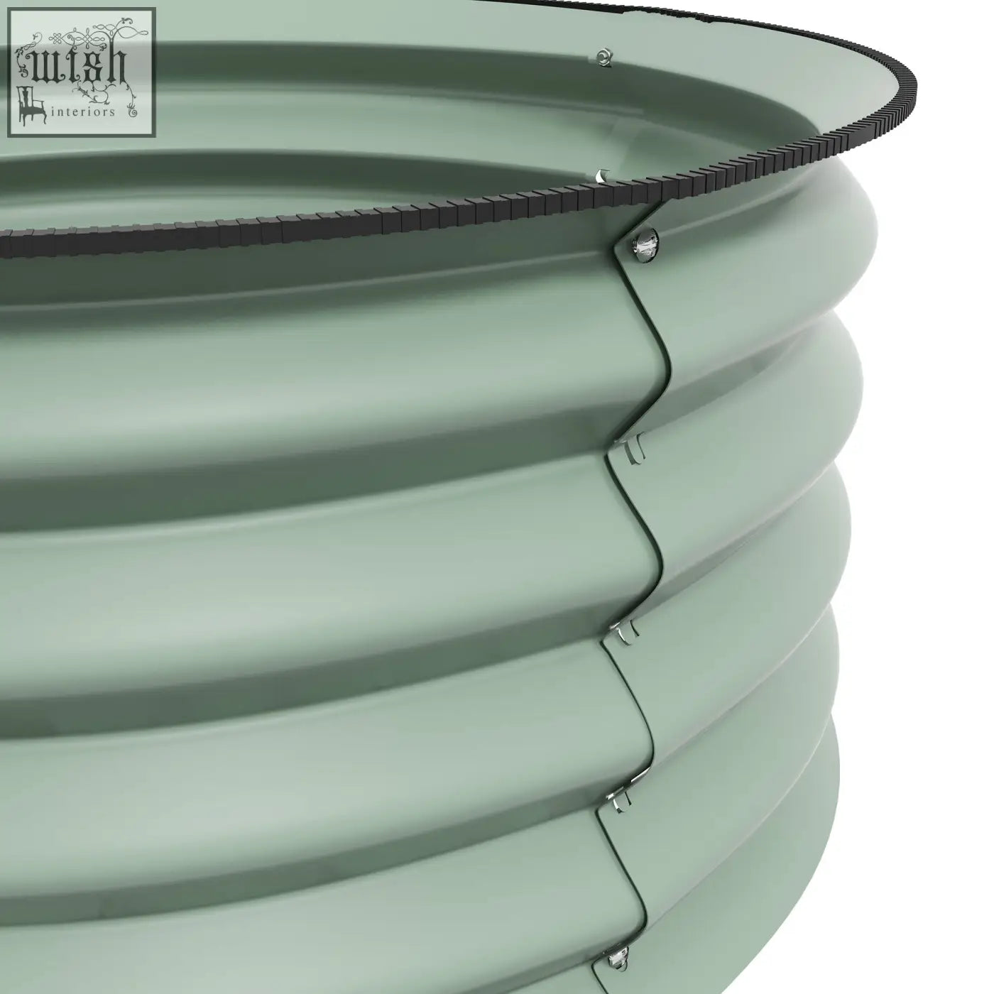 Light green outsunny raised garden bed made of galvanised steel with black rim and metal fasteners for easy direct contact and carry safely