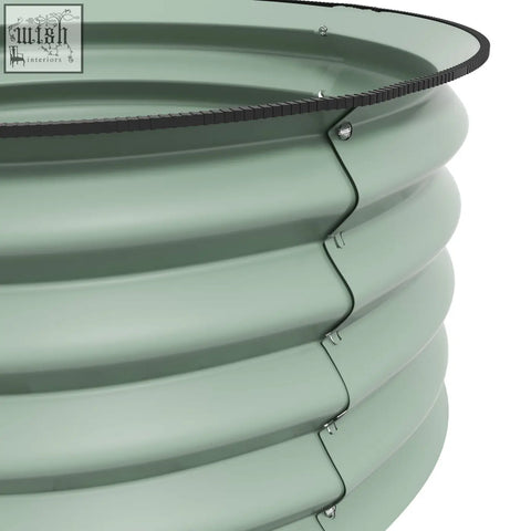 Light green outsunny raised garden bed made of galvanised steel with black rim and metal fasteners for easy direct contact and carry safely