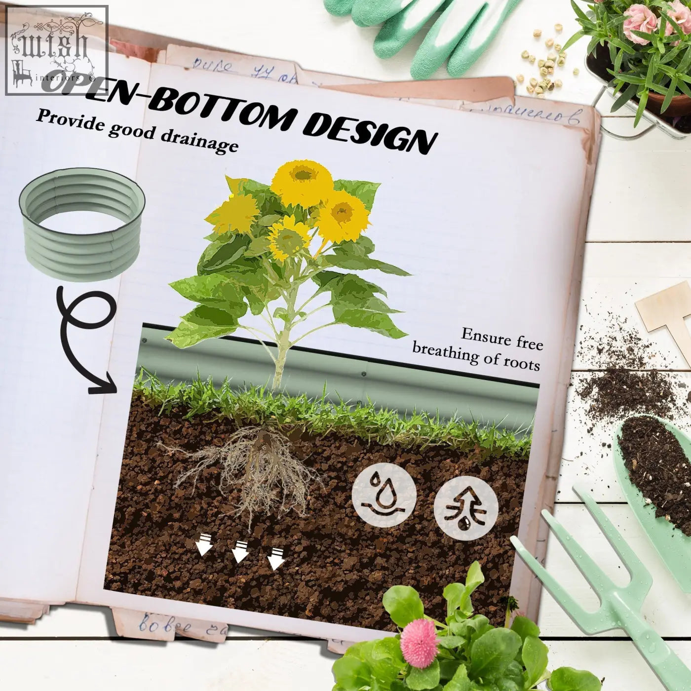 Green galvanised steel raised garden bed with open bottom and drainage holes for root health and carry safely design