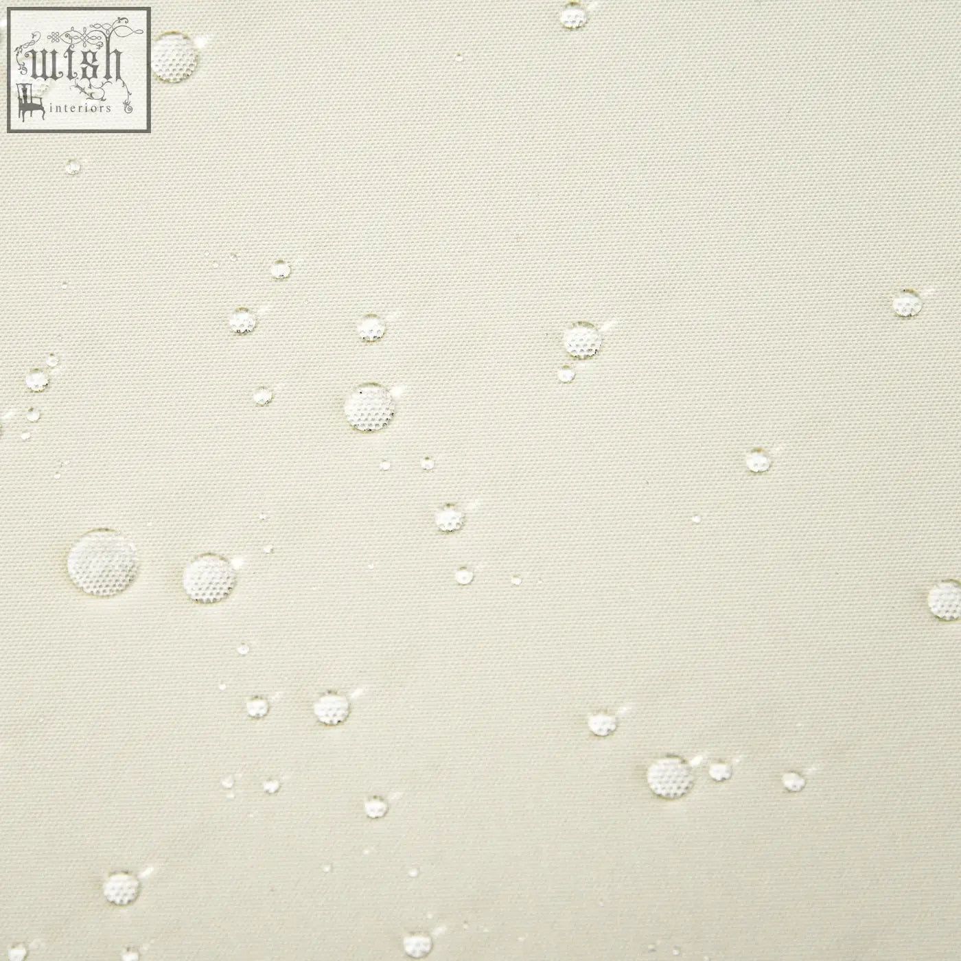 Clear water droplets on cream white polyester fabric of outsunny replacement cushions for rattan furniture