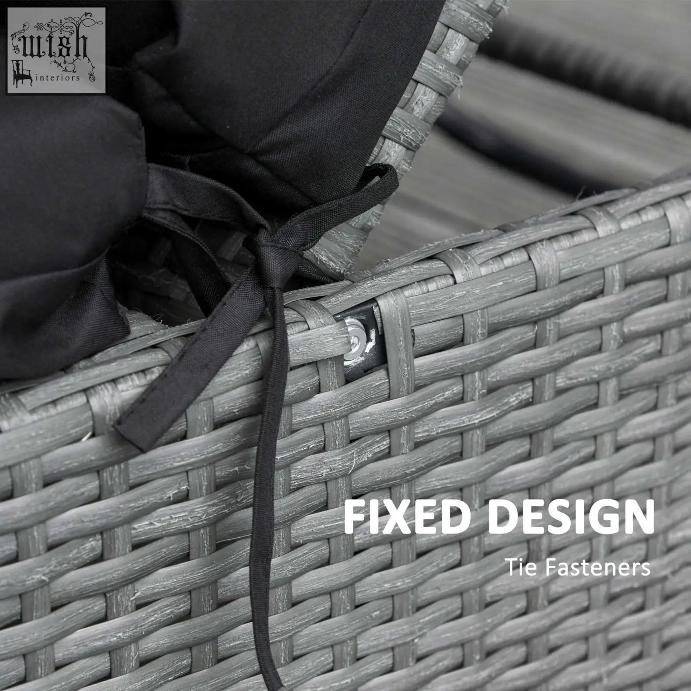 Gray woven wicker patio furniture frame with black polyester fabric tie fasteners for replacement cushions on sun loungers