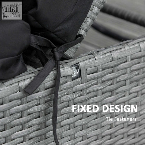 Gray woven wicker patio furniture frame with black polyester fabric tie fasteners for replacement cushions on sun loungers